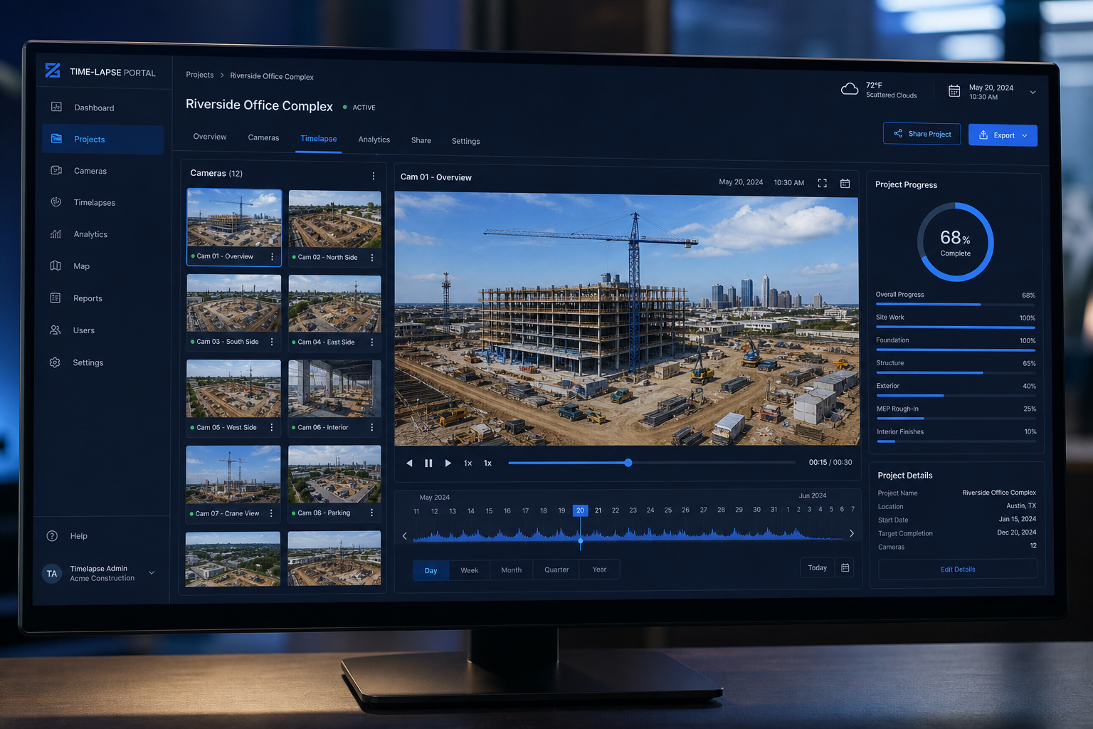 Coremeum time-lapse portal dashboard showing live project progress